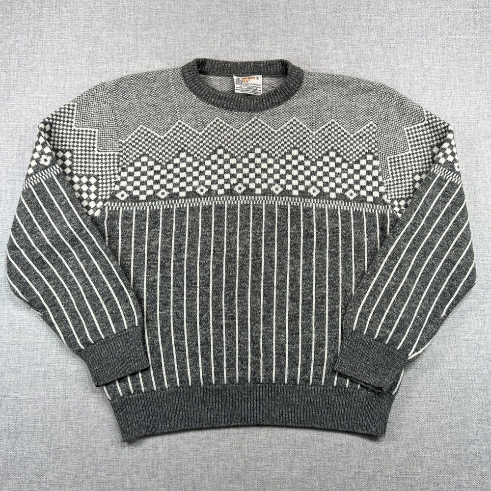 VTG 90s London Fog Crew Sweater Men XL Gray Geometric Stripe Soft Acrylic USA